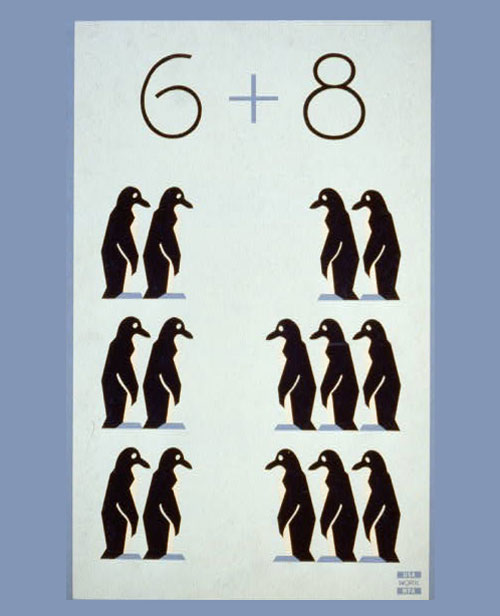 A historical Works Progress Administration poster showing a math example using penguins