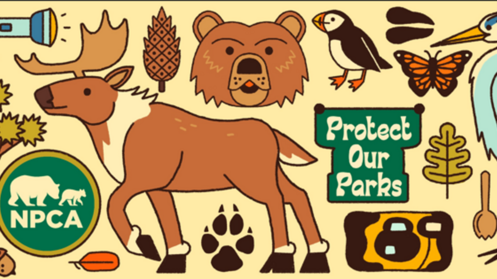 A cartoon montage of nature images portrayed in earth tones, with the banner "Protect Our Parks" and the NPCA logo.